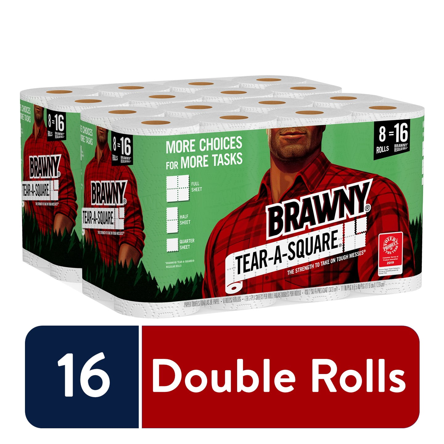 Brawny Tear-A-Square Paper Towels, White, 16 Double Rolls = 32 Regular Rolls, 3 Sheet Size Options, Quarter Size Sheets - 8 Rolls (Pack of 2)