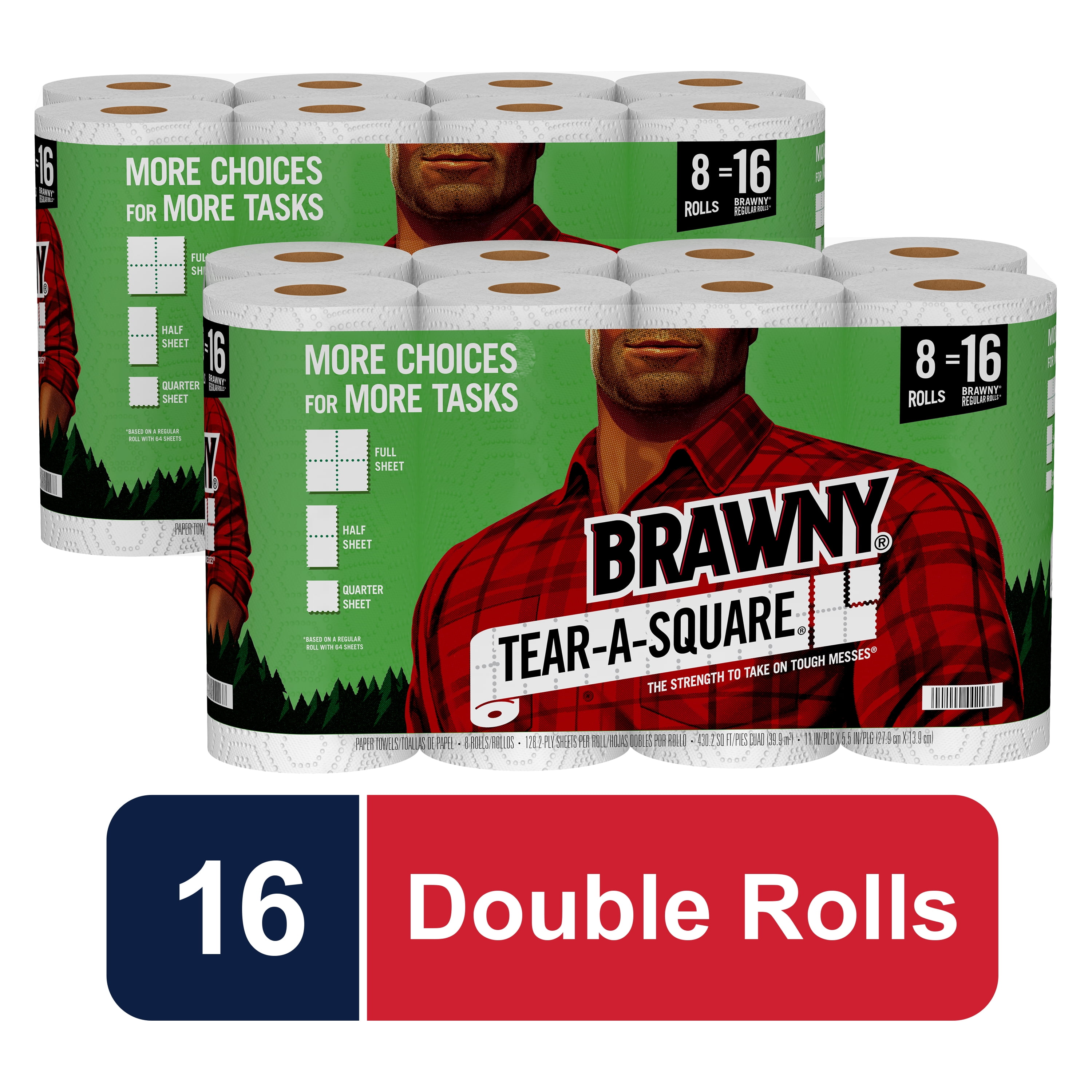 Brawny Tear-A-Square Paper Towels, White, 16 Double Rolls = 32 Regular Rolls, 3 Sheet Size Options, Quarter Size Sheets - 8 Rolls (Pack of 2)