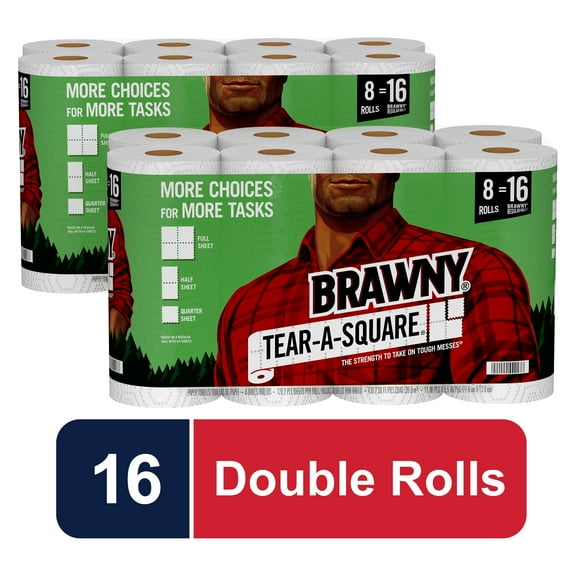 Brawny Tear-A-Square Paper Towels, White, 16 Double Rolls = 32 Regular Rolls, 3 Sheet Size Options, Quarter Size Sheets - 8 Rolls (Pack of 2)