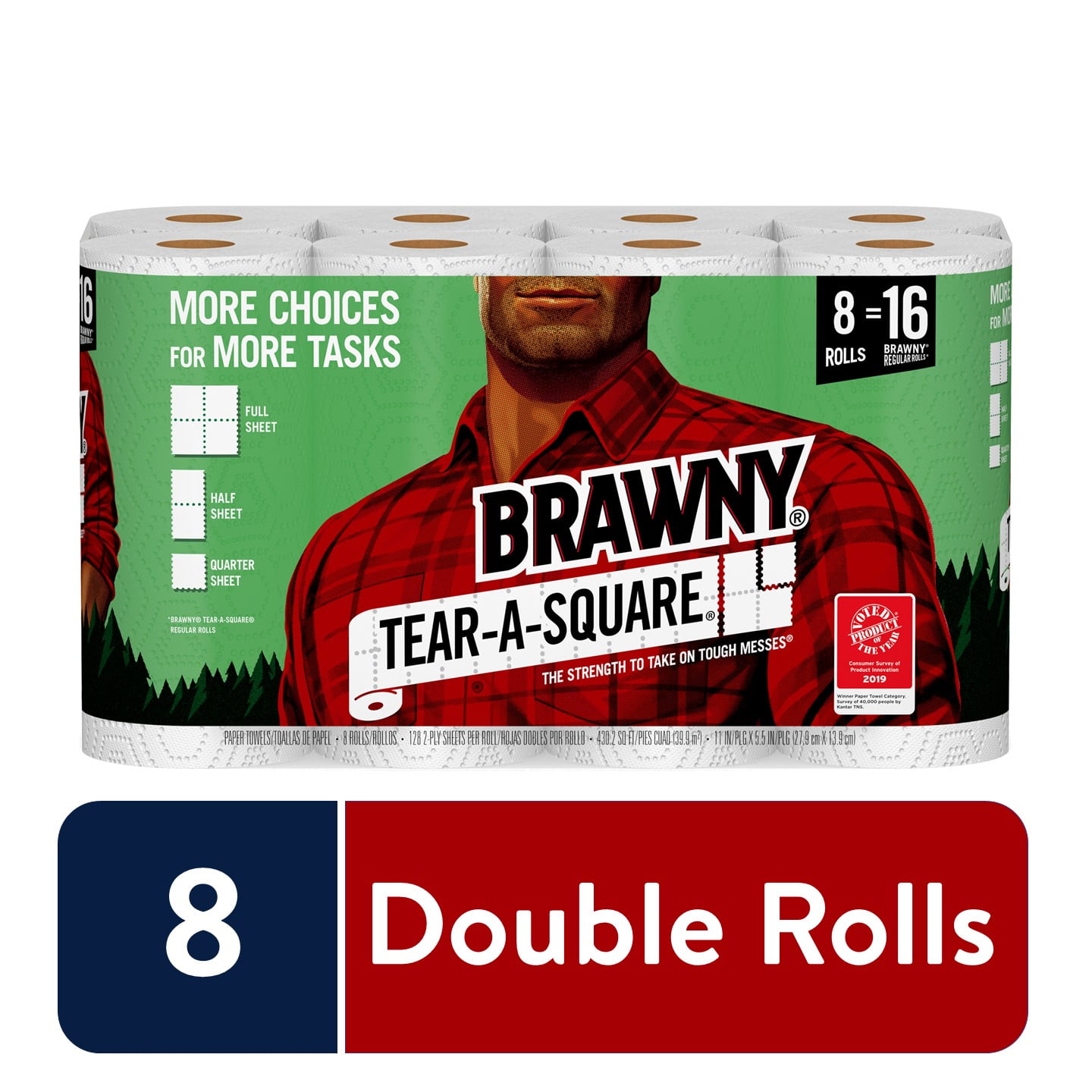 Brawny Tear-A-Square Paper Towels, White, 8 Double Rolls = 16 Regular Rolls, 3 Sheet Size Options, Quarter Size Sheets