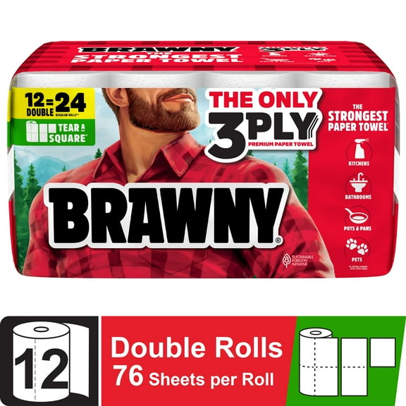 Brawny Tear-a-Square 3-Ply Paper Towels, 12 Double Rolls