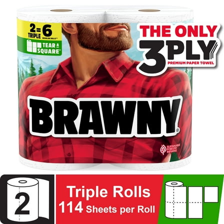 Brawny Tear-a-Square 3-Ply Paper Towels, 2 Triple Rolls, 114 Sheets Per Roll