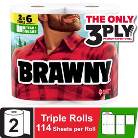Brawny Tear-A-Square 3-Ply Paper Towels, 2 Triple Rolls, 114 Sheets per Roll