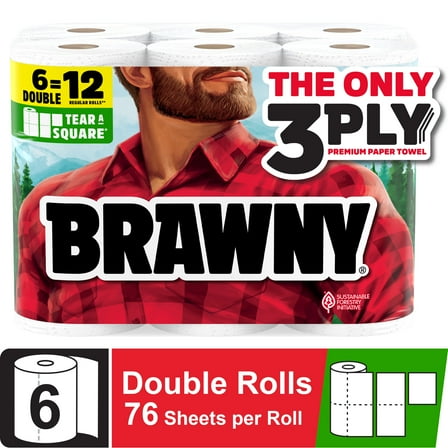 Brawny Tear-a-Square 3-Ply Paper Towels, 6 Double Rolls, 76 Sheets Per Roll