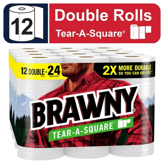 Brawny Tear-A-Square Paper Towels, 12 Double Rolls, 3 Sheet Sizes, Strong Paper Towel (4 Pack)