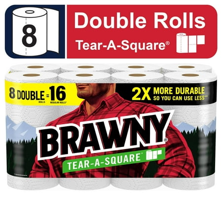 Brawny Tear-a-Square Paper Towels, 8 Double Rolls, 3 Sheet Sizes, Strong Paper Towel (2 Pack)