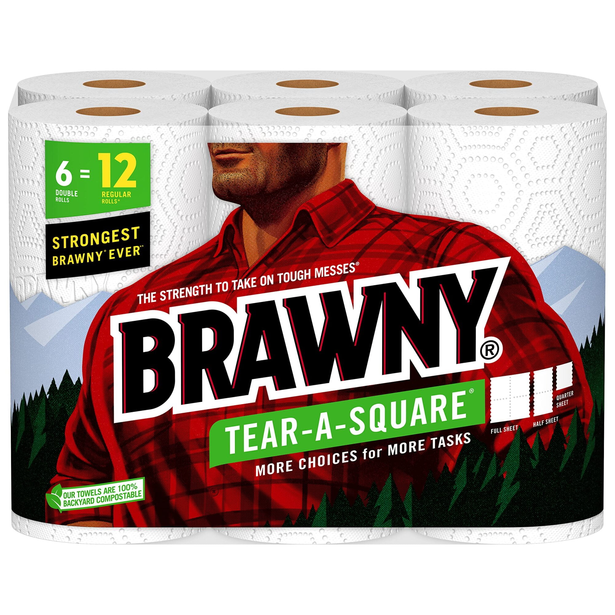 Brawny Tear-a-Square Paper Towels  White  3 Sheet Sizes  6 Double Rolls (Pack of 2)