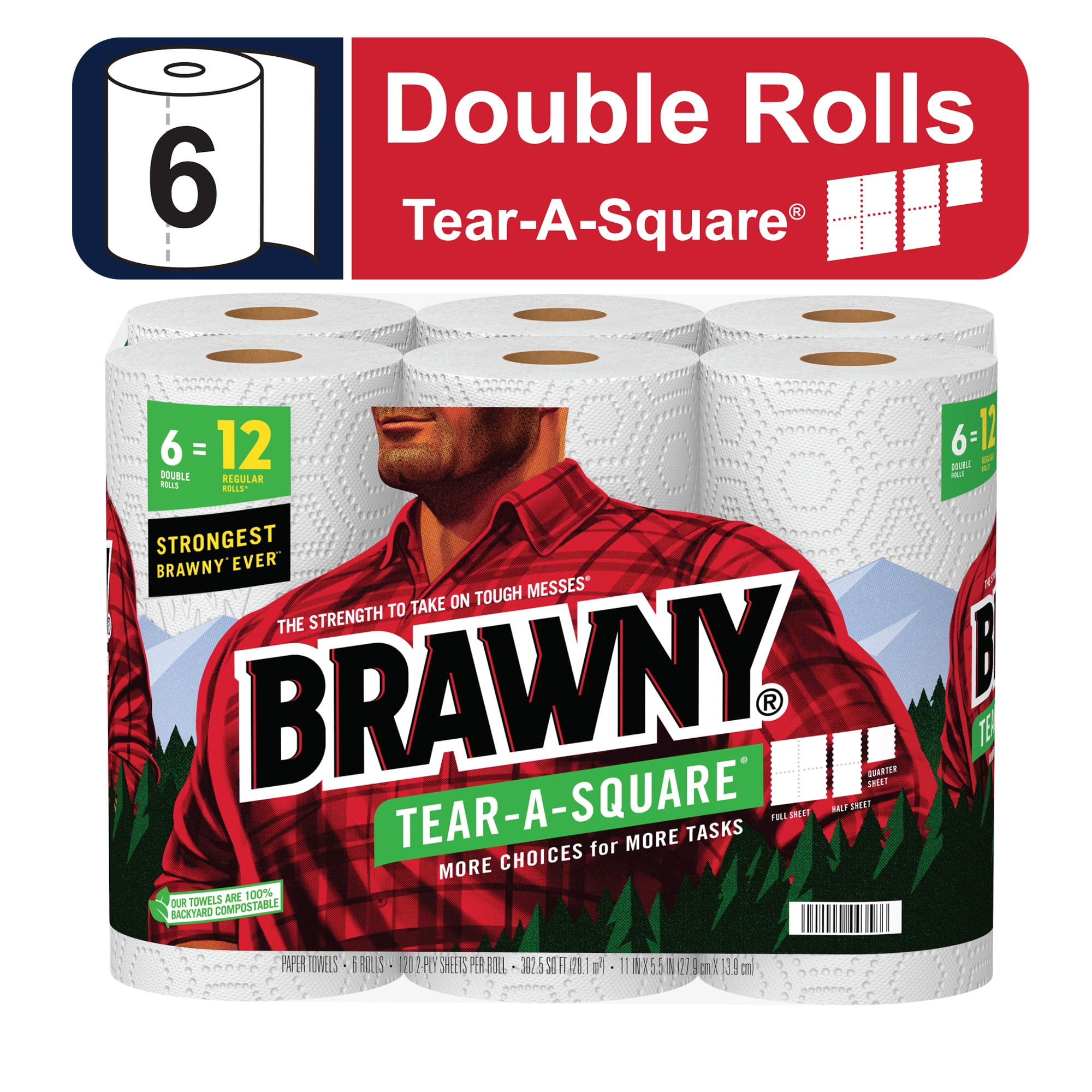 Brawny Tear-A-Square Paper Towels, Double Rolls, 2-Ply - 6 rolls