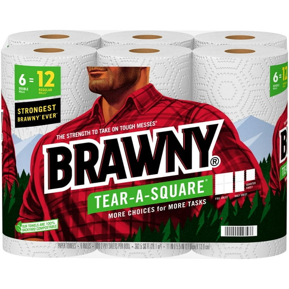 Brawny Tear-a-Square Paper Towels, White, 3 Sheet Sizes, 6 Double Rolls