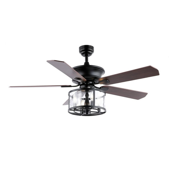 JONATHAN Y Braxton 52" 4-Light Farmhouse Industrial Iron Drum Shade LED Ceiling Fan With Remote, Black/Clear