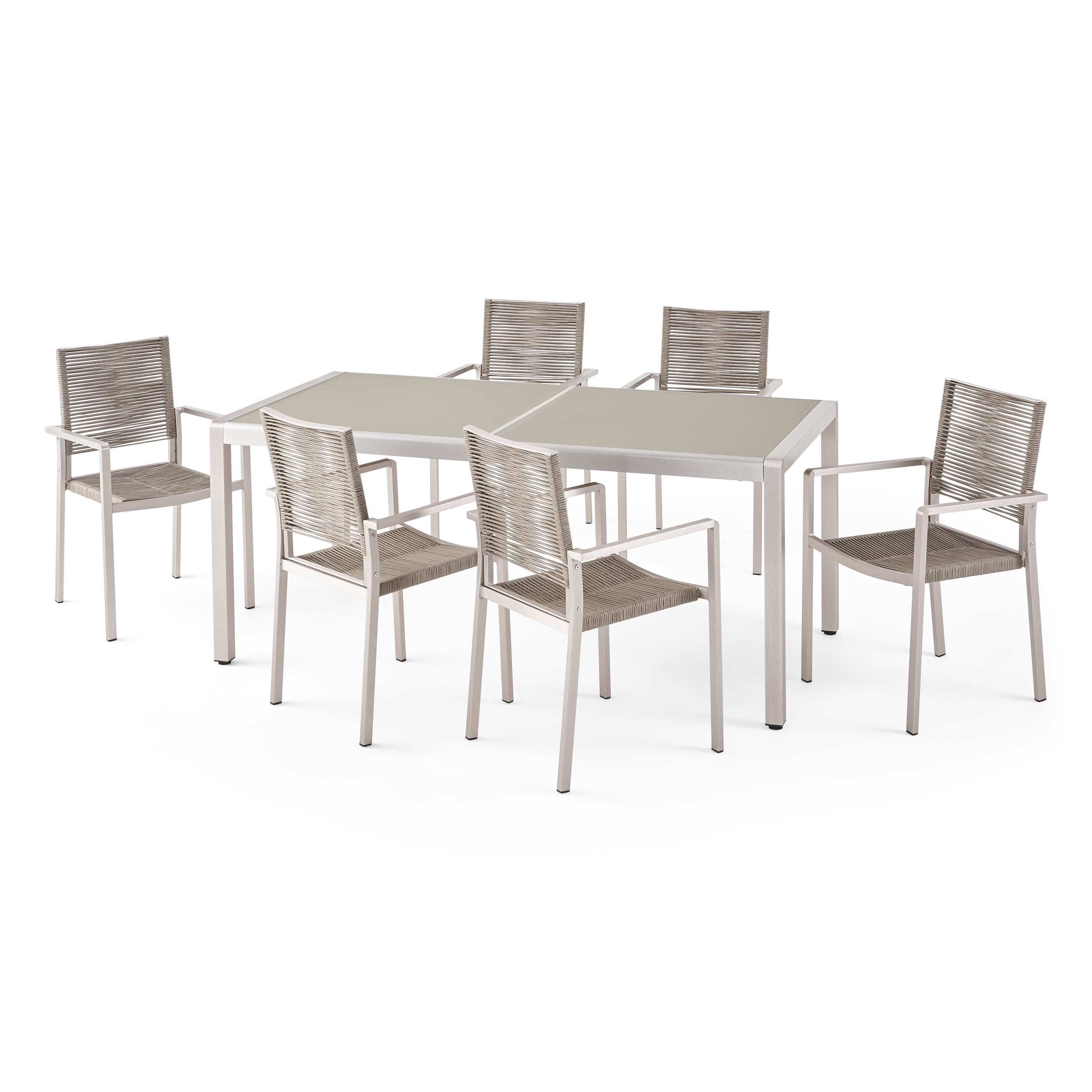Braxton Outdoor Modern 6 Seater Aluminum Dining Set with Tempered Glass Table Top, Gray, Silver, Taupe