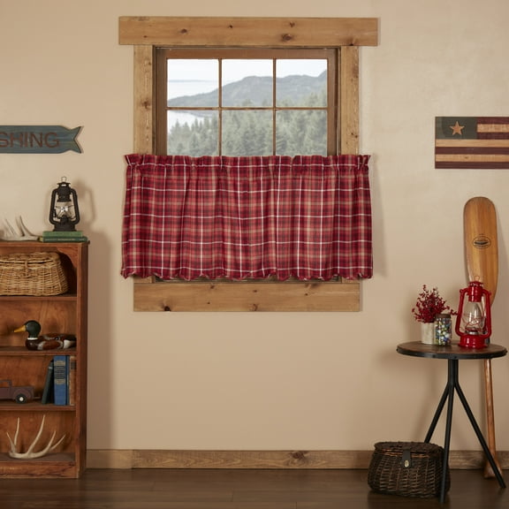 VHC Brands Rustic Red Plaid Braxton Scalloped Café Curtain for Kitchen & Dining Room (24 x 36 in Tier Set)