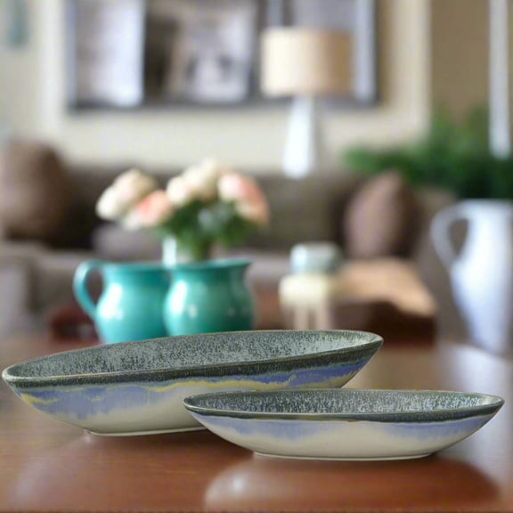Braylin Ceramic Reactive Glaze Boat Tray Set, Decorative Tabletop Catch-All, Set of 2