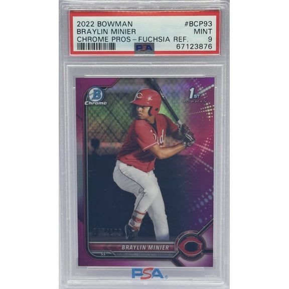 Braylin Minier Reds 2022 Bowman 1st Fuchsia Refractor Rookie Card /199 PSA 9