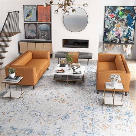 Brayn Living Room Mid-Century Modern Leather Upholstered Sofa Set in Tan