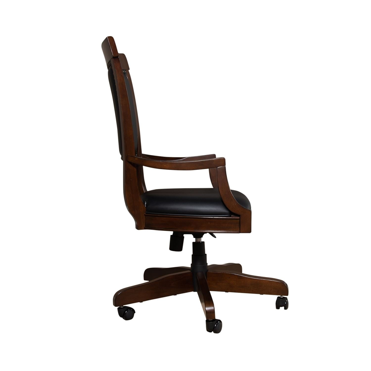 Traditional Cognac Brown Leather & Wood Swivel Desk Chair