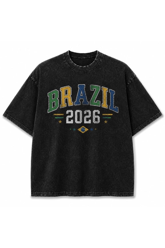 Brazil 2026 Graphic Mineral Wash T-Shirt, Unisex Classic Fit Heavyweight Cotton Tee, Black or Beige, S-5XL