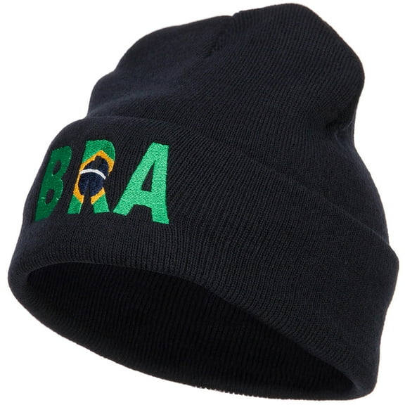 Brazil BRA Flag Embroidered Long Beanie - Navy OSFM
