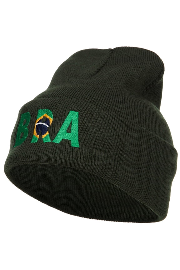 Brazil BRA Flag Embroidered Long Beanie - Olive OSFM