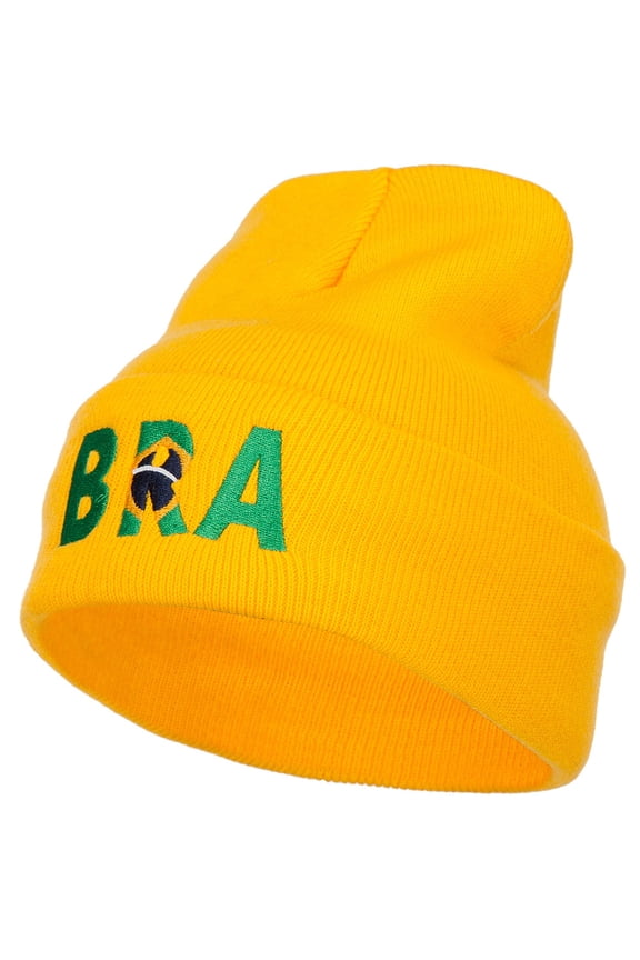 Brazil BRA Flag Embroidered Long Beanie - Yellow OSFM