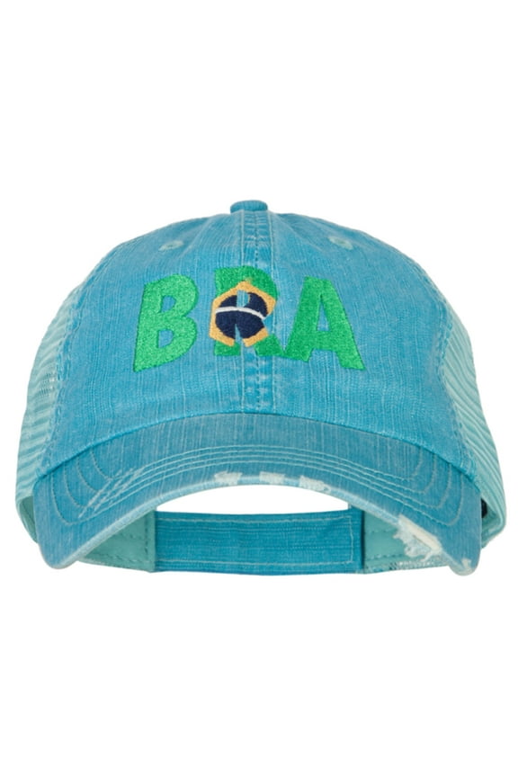 Brazil BRA Flag Embroidered Low Profile Cotton Mesh Cap - Aqua OSFM