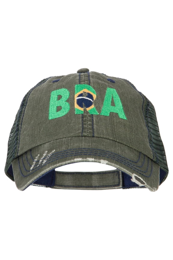 Brazil BRA Flag Embroidered Low Profile Cotton Mesh Cap - Green OSFM