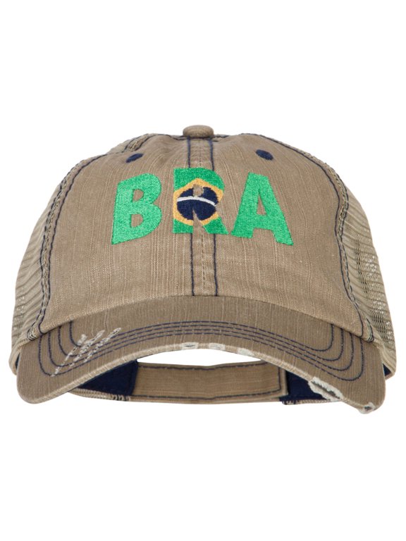 Brazil BRA Flag Embroidered Low Profile Cotton Mesh Cap - Khaki OSFM