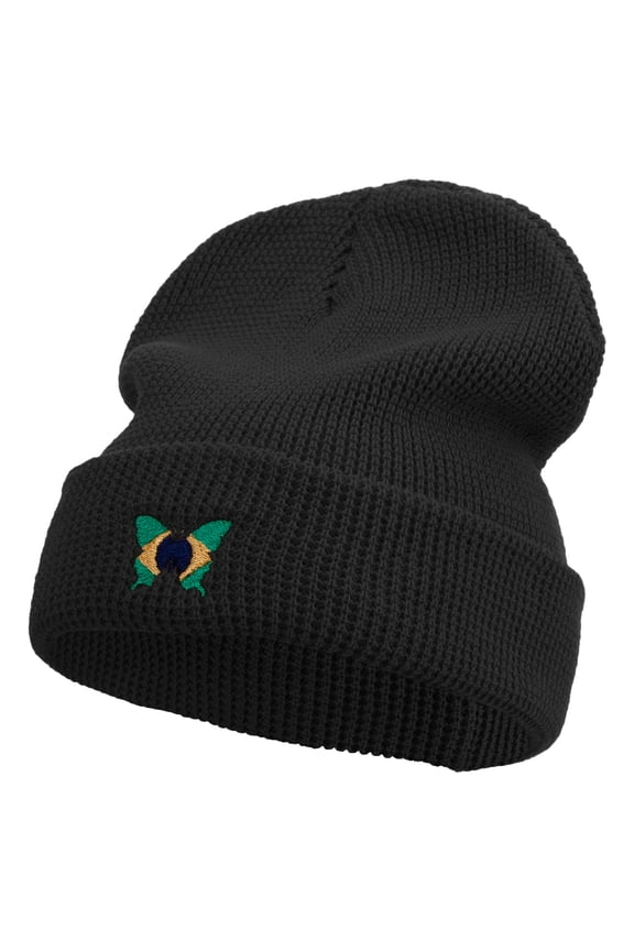 Brazil Butterfly Logo Embroidered Waffle Knit Cuff Beanie - Black OSFM