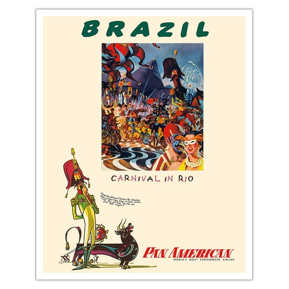 Brazil - Carnival in Rio - Pan American World Airways - Vintage Airline Travel Poster by William Linzee Prescott c.1960 - Fine Art Matte Paper Print (Unframed) 16x20in