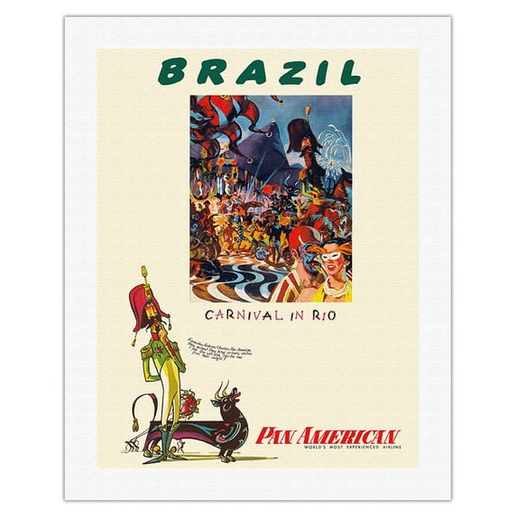 Brazil - Carnival in Rio - Pan American World Airways - Vintage Airline Travel Poster by William Linzee Prescott c.1960 - Fine Art Rolled Canvas Print 20in x 26in