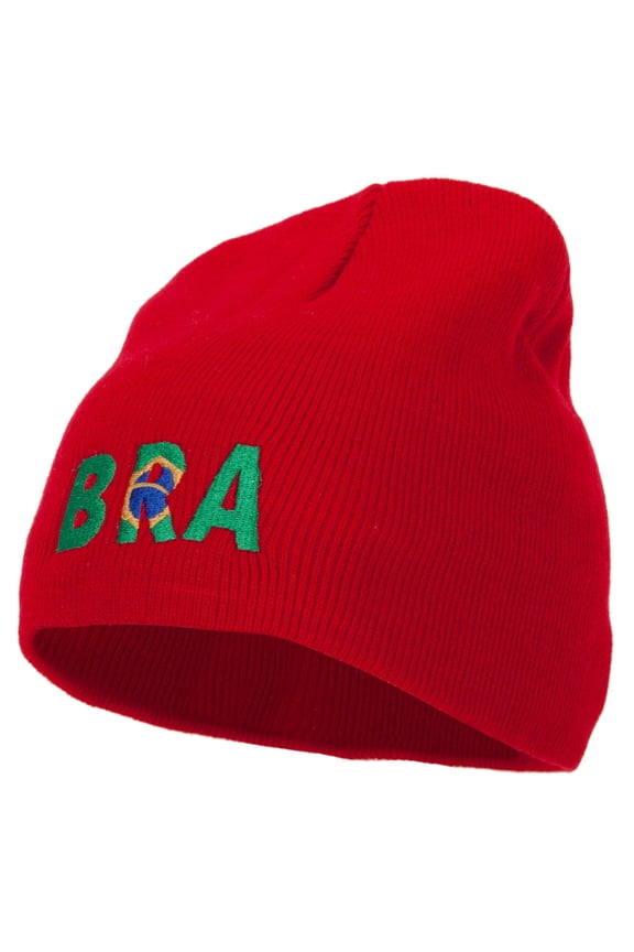 Brazil Country Three-Letter BRA Flag Embroidered 8 Inch Knitted Short Beanie - Red OSFM