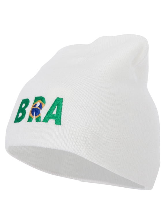 Brazil Country Three-Letter BRA Flag Embroidered 8 Inch Knitted Short Beanie - White OSFM