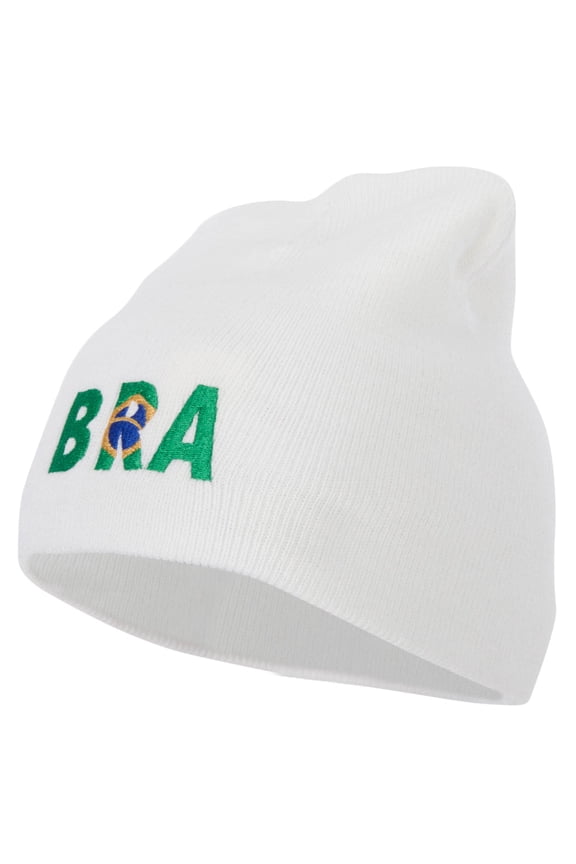 Brazil Country Three-Letter BRA Flag Embroidered 8 Inch Knitted Short Beanie - White OSFM