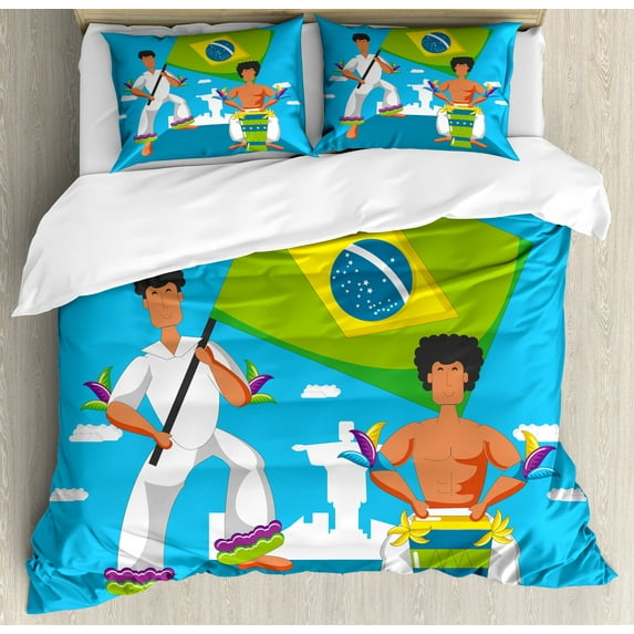 Brazil Duvet Cover Set, Brazilian Musicians Tropical Characters Entertaining and Waving a Flag, Decorative 3 Piece Bedding Set with 2 Pillow Shams, Calking Size, Deep Sky Blue Multicolor, by Ambesonne