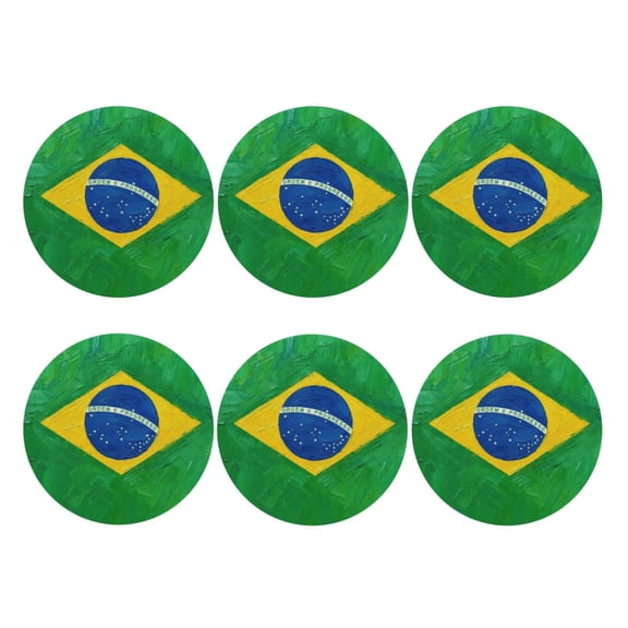 Brazil Flag Leather Drinks Coasters Suitable for Various Cups Set of 6 Round Shape