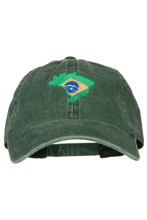 Brazil Flag Map Embroidered Washed Cotton Twill Cap - Dk Green OSFM