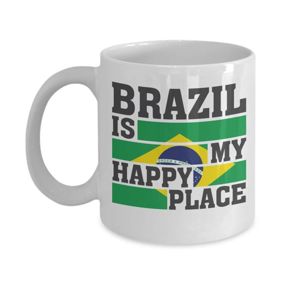 Brazil Is My Happy Place Flag Art Sign Print Coffee & Tea Gift Mug, Birthday Party Favors, Supplies, Items, Stuff, Things, Decorations, Products, Accessories & Merchandise For Men & Women