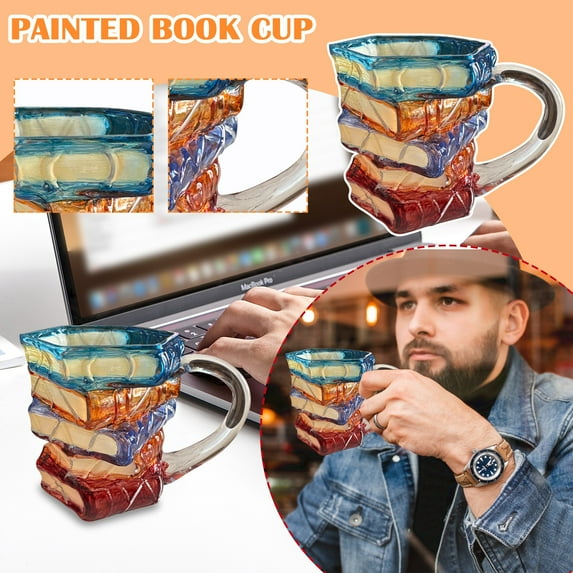 Painted Book Mug - Novelty 3d Painted Books Coffee Mug, 11oz Novelty Unique Colored Glass Books Stack Shaped Coffee Cup