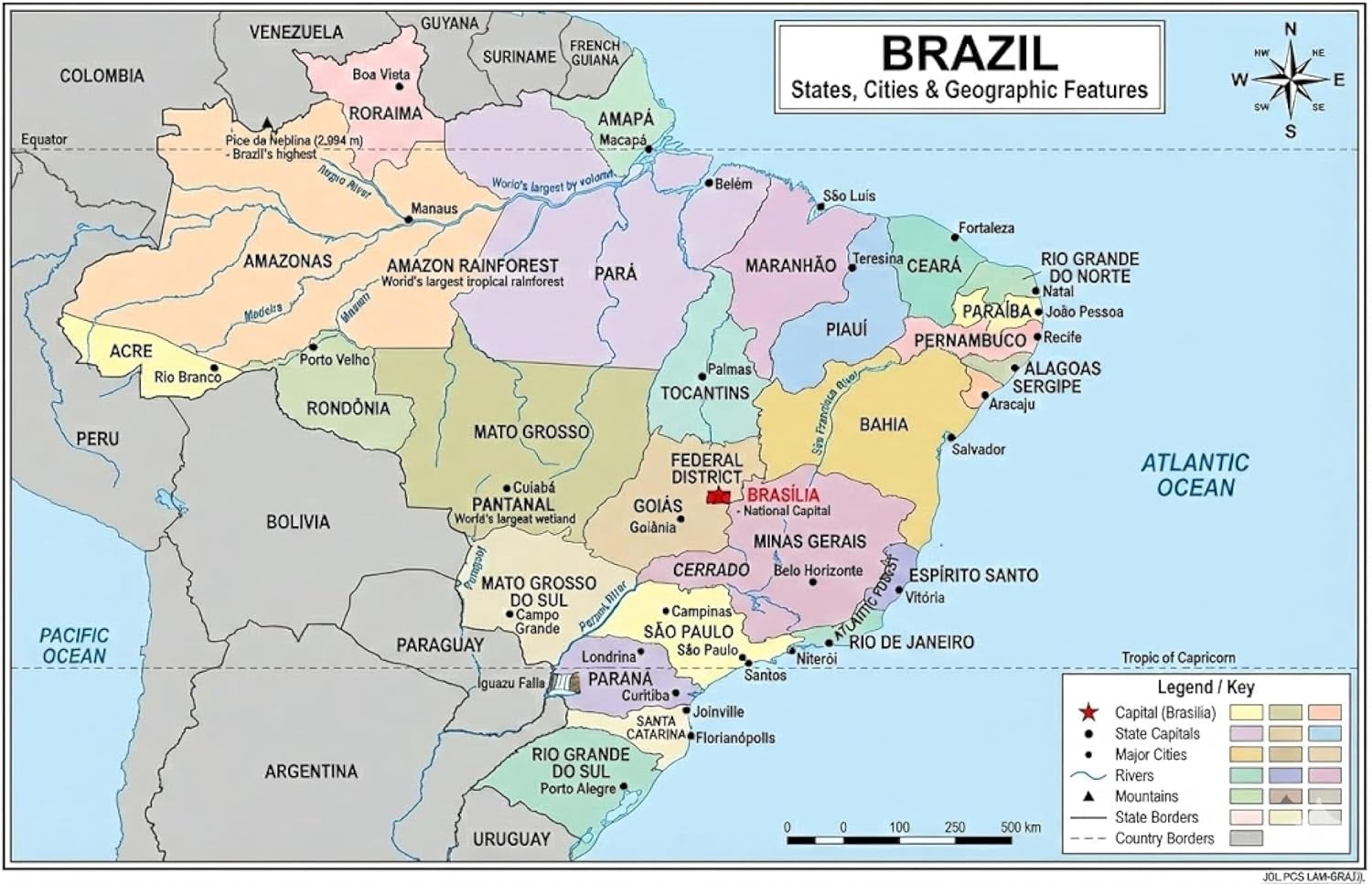 Brazil Map Poster 11x17 | Laminated Double-Sided Geography Chart with ...