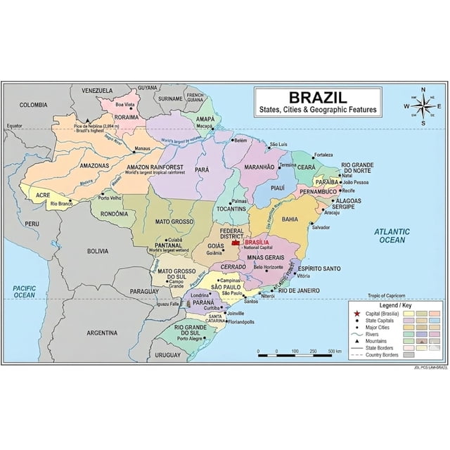 Brazil Map Poster 11x17 | Laminated Double-Sided Geography Chart with ...