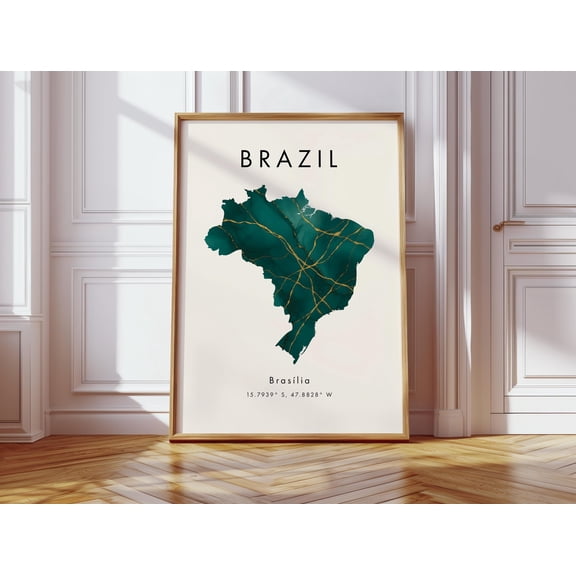 Brazil Map Poster Green and Gold South America Wall Art Print Home Decor Geography Map Gift Wallpaper