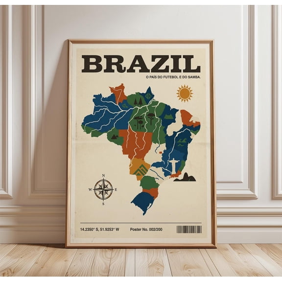 Brazil Map Poster Travel Wall Art Print South America Country Illustration Retro Geography