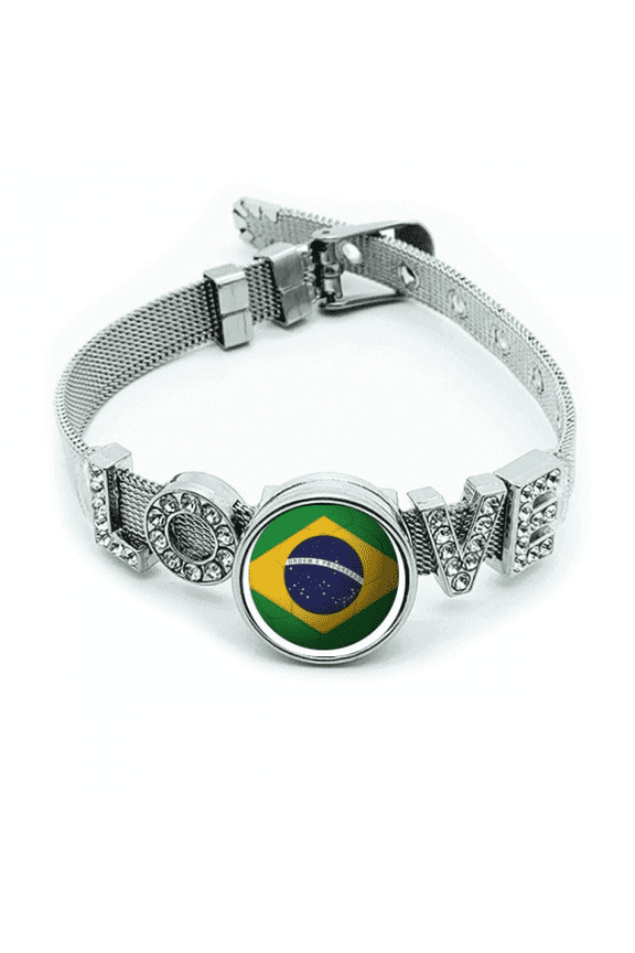 Brazil National Flag Soccer Football Bracelet Wristband Crystal Love Adjustable Bangle