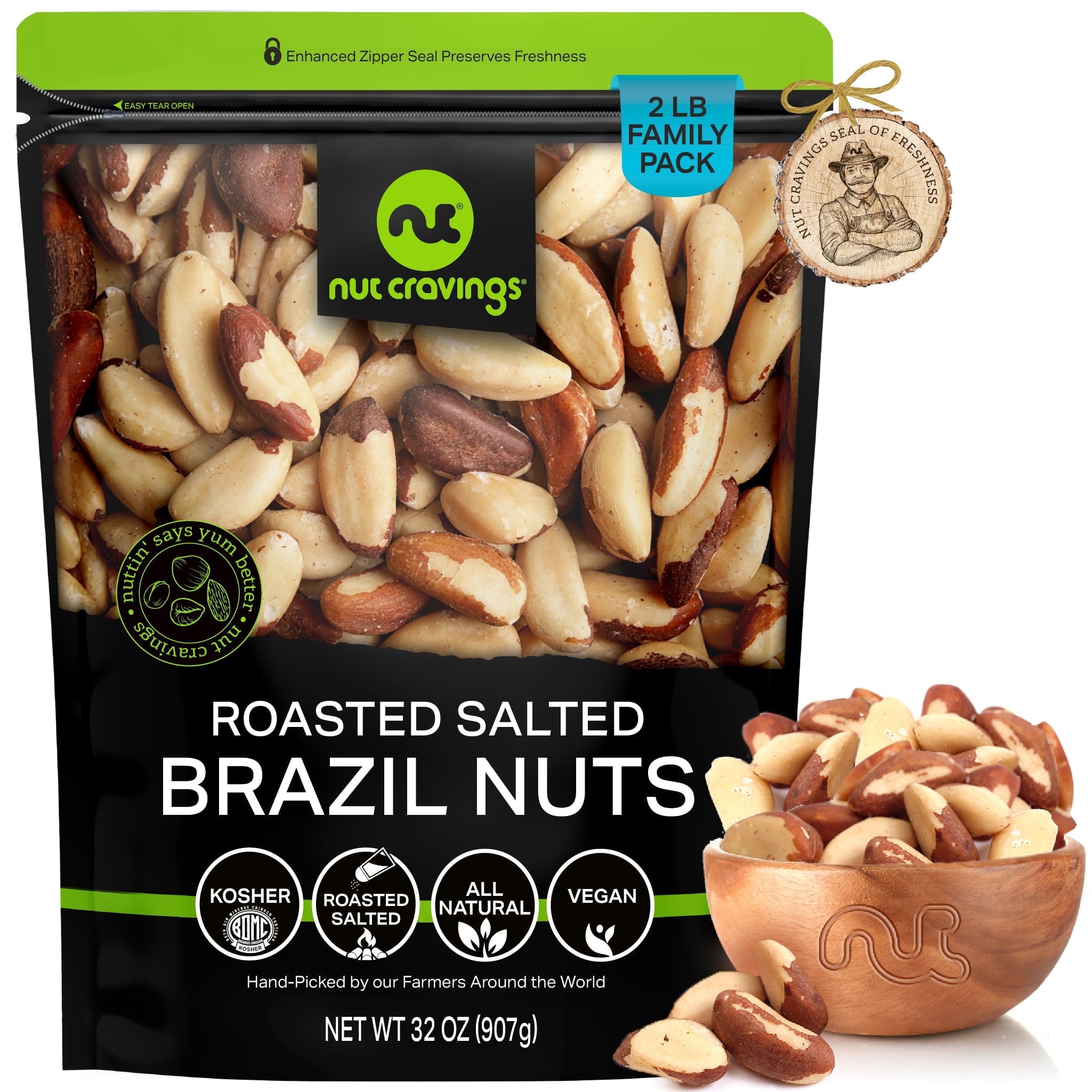 Nut Cravings Brazil Nuts Roasted & Salted, Whole, Rich in Selenium — Resealable Bag (32oz - 2 lbs)