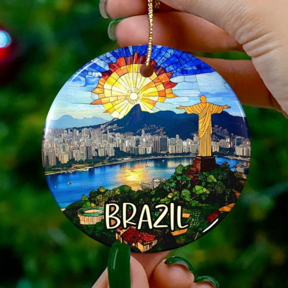 Brazil Ornament Stained Glass Style Unique Souvenir Vacation Travel Gift Festive Anniversary Christmas Decor 2D FLAT CIRCLE Ceramic Ornament