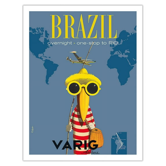 Brazil - Overnight • One Stop to Rio de Janeiro - Varig Airlines - Vintage Travel Poster by Francesco Petit c.1950s - Fine Art Matte Paper Print (Unframed) 20x26in