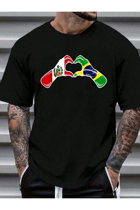 Brazil Peru Flag Brazilian Peruvian Heart T-Shirt Print T-Shirt Casual Crew Neck Short Sleeve Comfort Tee Top For Spring & Summer Men's Clothing