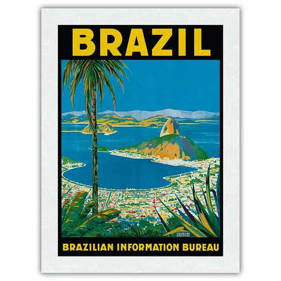 Brazil - Rio de Janeiro - Sugarloaf Mountain - Vintage Travel Poster by Waldomiro Gonçalves Christino c.1950s - Japanese Unryu Rice Paper Art Print (Unframed) 18 x 24 in