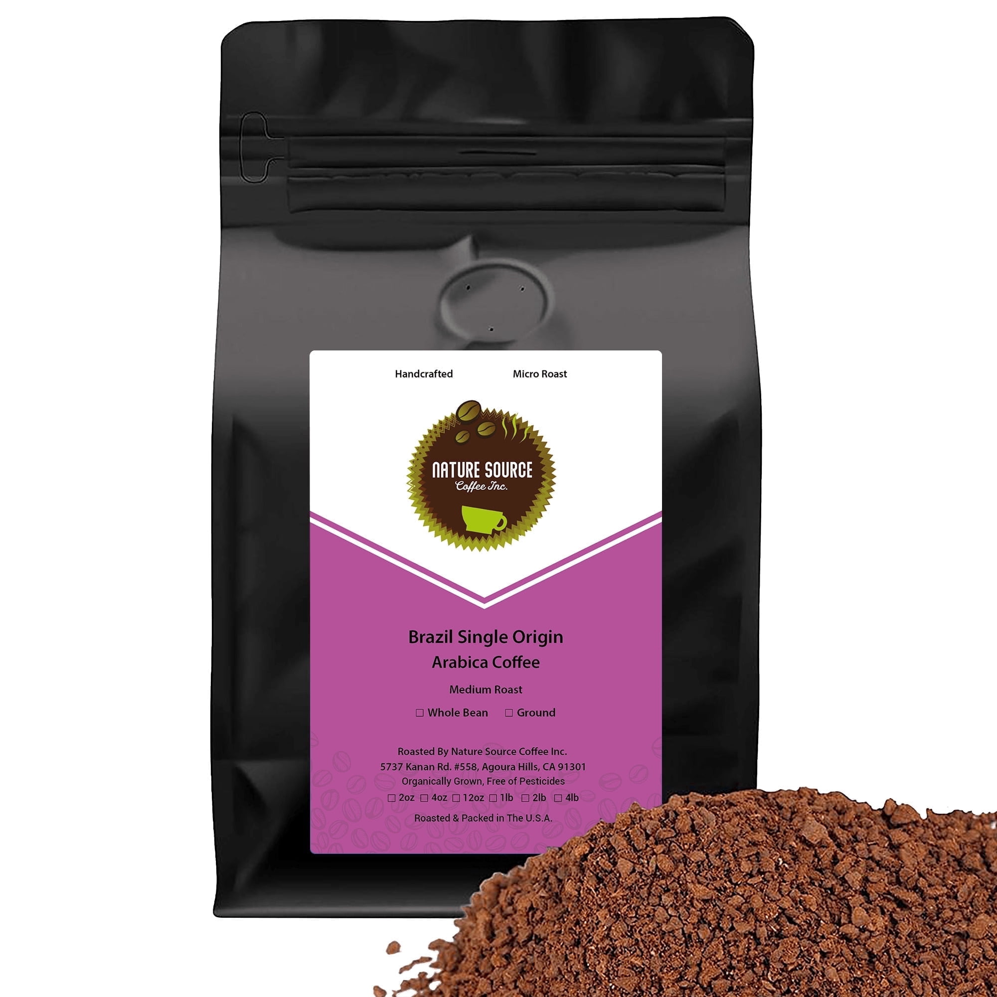 Nature Source Coffee Whole Bean Coffee Organic Brazil Single Origin Medium Roast Naturally Caffeinated 1-Pack 1 Lbs