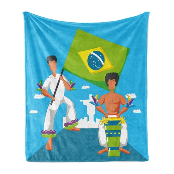 Brazil Soft Flannel Fleece Blanket, Brazilian Musicians Tropical Characters Entertaining and Waving a Flag, Cozy Plush for Indoor and Outdoor Use, 70" x 90", Deep Sky Blue Multicolor, by Ambesonne